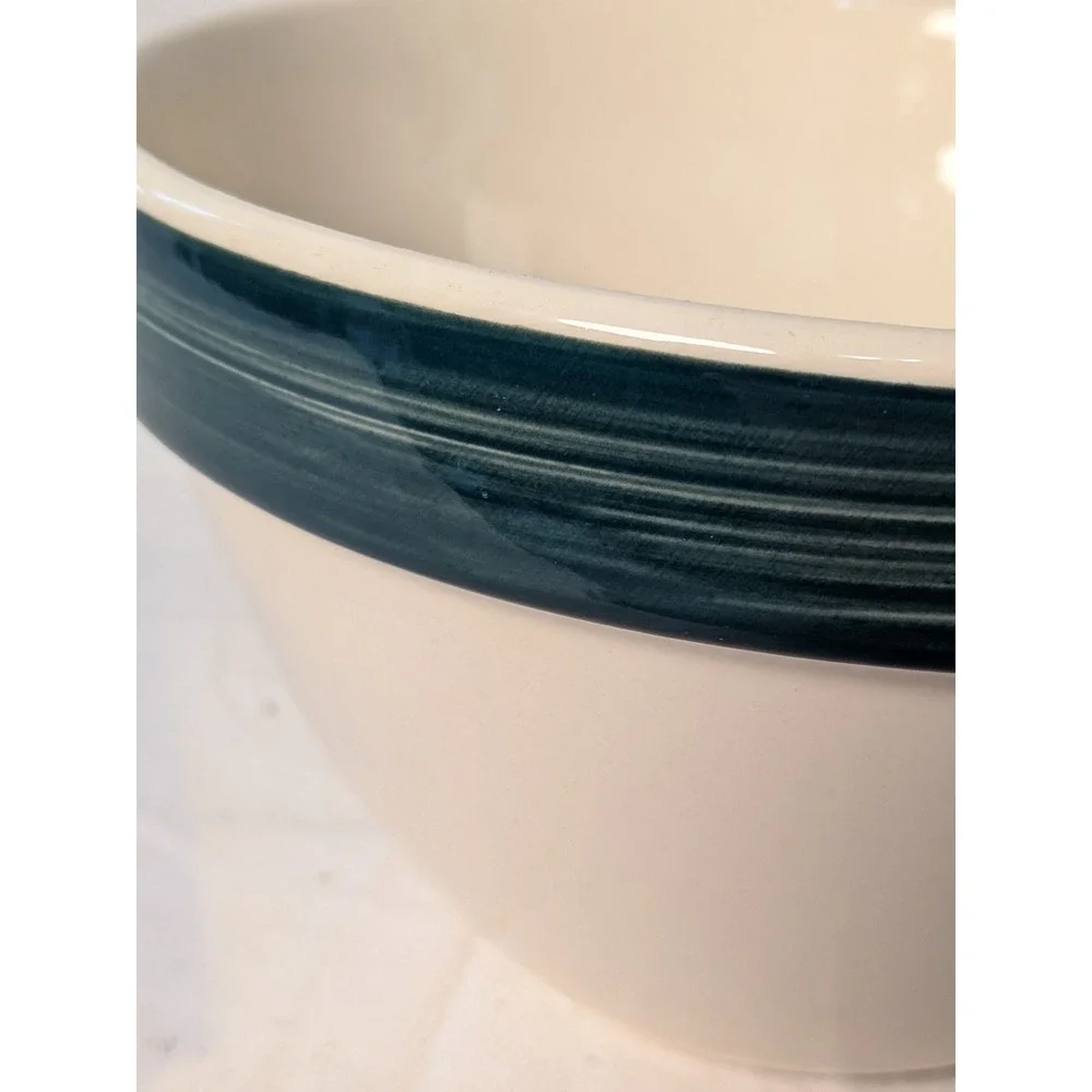 Vintage Stoneware Mixing Bowl Cream with Teal Green Band Farmhouse Crock Crazed